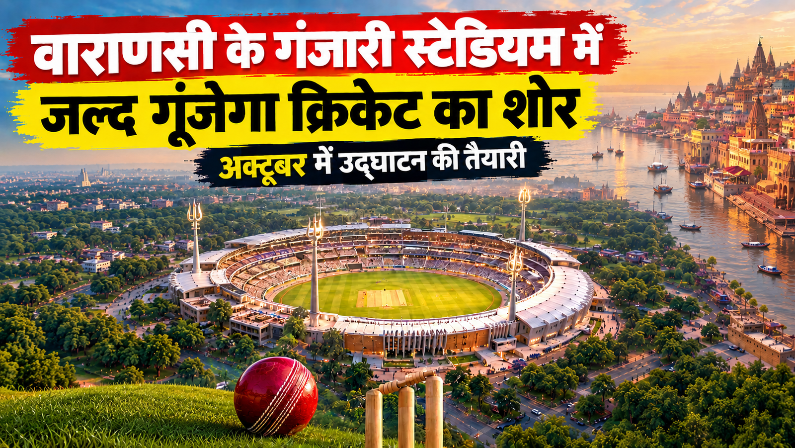 वाराणसी के गंजारी क्रिकेट स्टेडियम का आकर्षक दृश्य, अक्टूबर में उद्घाटन की तैयारी