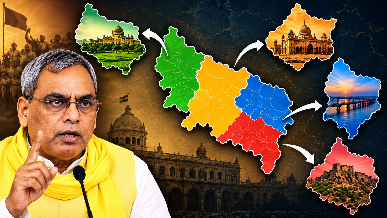 राजभर के यूपी को चार हिस्सों में बांटने के दावे को दर्शाता राजनीतिक ग्राफिक, जिसमें उत्तर प्रदेश का रंगीन नक्शा और राजभर की तस्वीर दिखाई गई है।