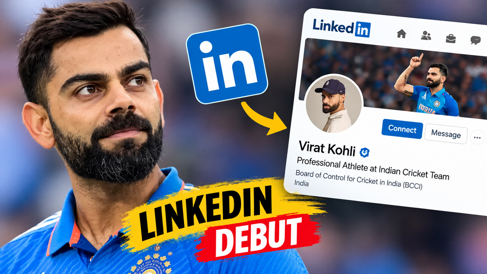 Virat Kohli's LinkedIn profile displayed in an ANI Trending Instagram post, identifying him as a professional athlete at the Indian Cricket Team.