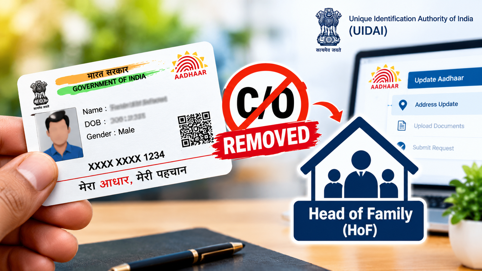 आधार कार्ड में C/O विकल्प हटने और UIDAI के नए पता अपडेट नियमों की जानकारी।