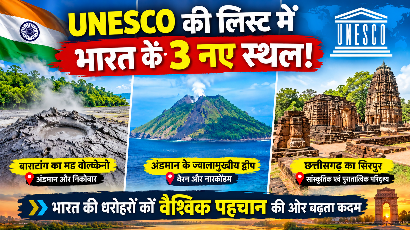 भारत के तीन स्थल UNESCO की टेंटेटिव लिस्ट में शामिल हुए। जानिए बाराटांग के मड वोल्केनो, अंडमान के ज्वालामुखियों और छत्तीसगढ़ के सिरपुर की खासियत।