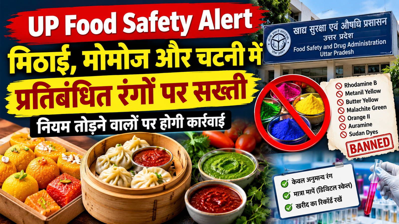 UP Food Safety Alert: उत्तर प्रदेश में मिठाई, मोमोज और चटनी में प्रतिबंधित रंगों के इस्तेमाल पर सख्ती।