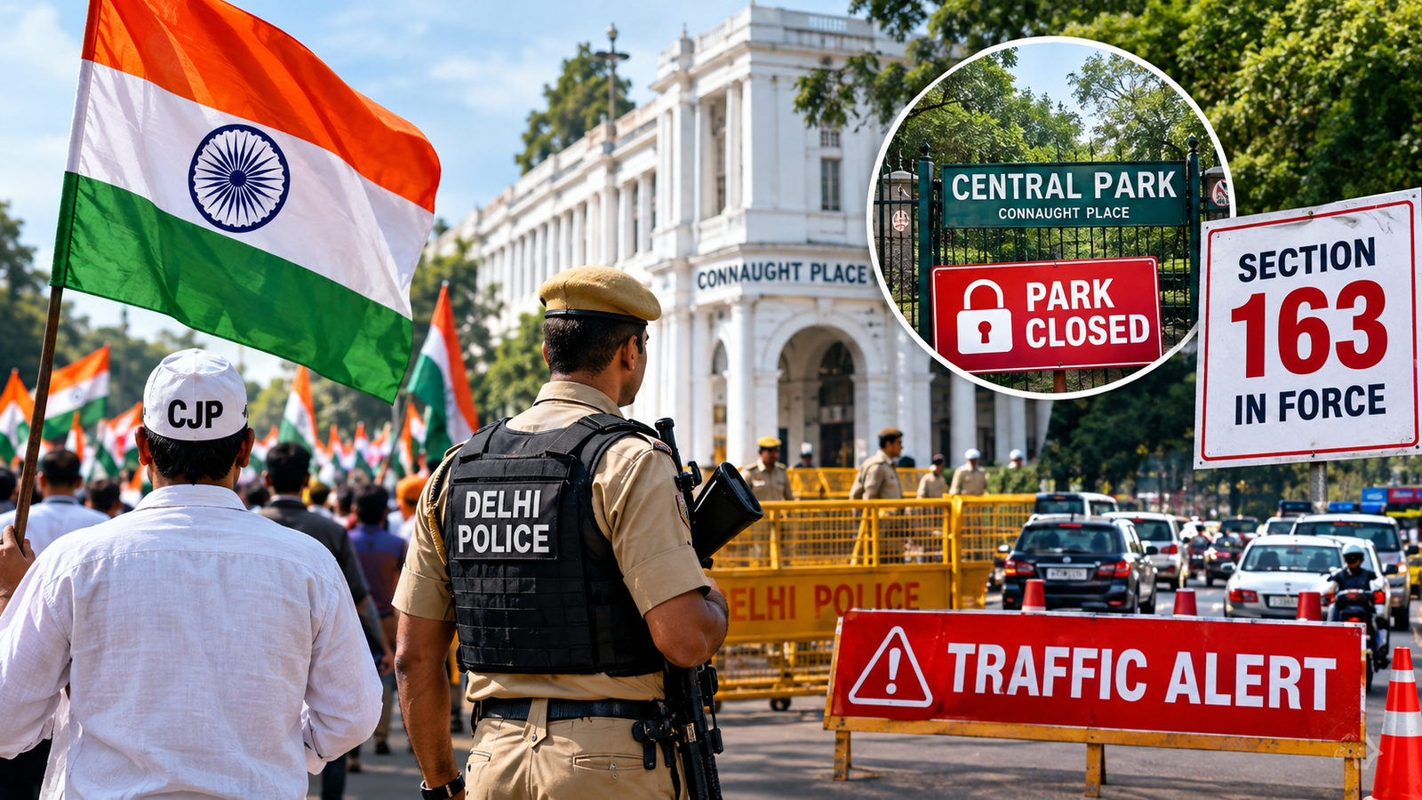 दिल्ली में CJP के तिरंगा मार्च से पहले कनॉट प्लेस में सुरक्षा व्यवस्था और यातायात अलर्ट।