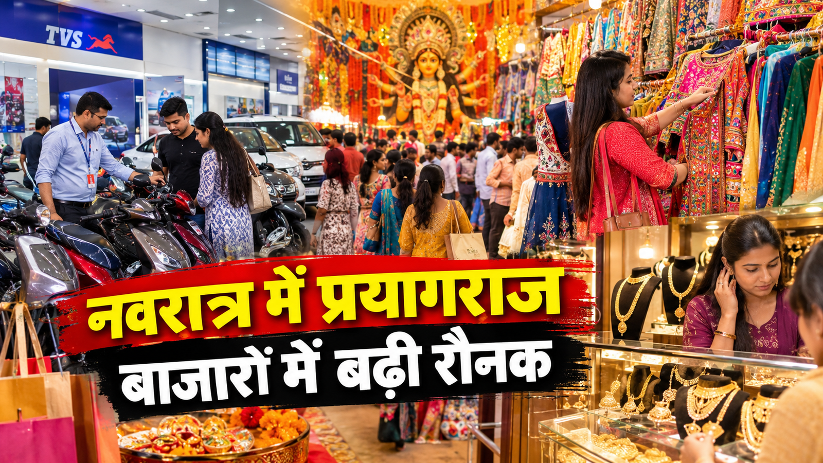 प्रयागराज में नवरात्र के दौरान वाहन शोरूम में दोपहिया वाहनों की खरीदारी करते ग्राहक।