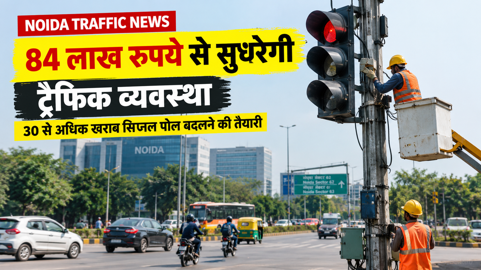 नोएडा में 84 लाख रुपये की लागत से ट्रैफिक सिग्नल पोल बदलने की योजना।